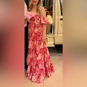 Aqua Pink and Red Ruffled Tiered Off-the-Shoulder Maxi Dress